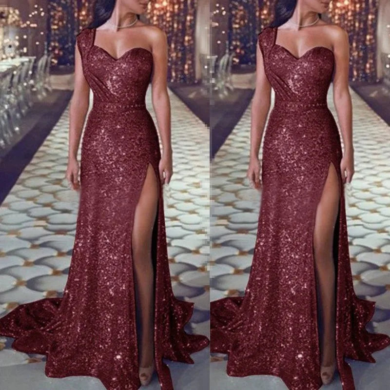 2026 Women's Wedding Party Dress Evening Elegant Sexy Deep V Neck One Shoulder Sleeveless Sequined Long Maxi Dresses For Women