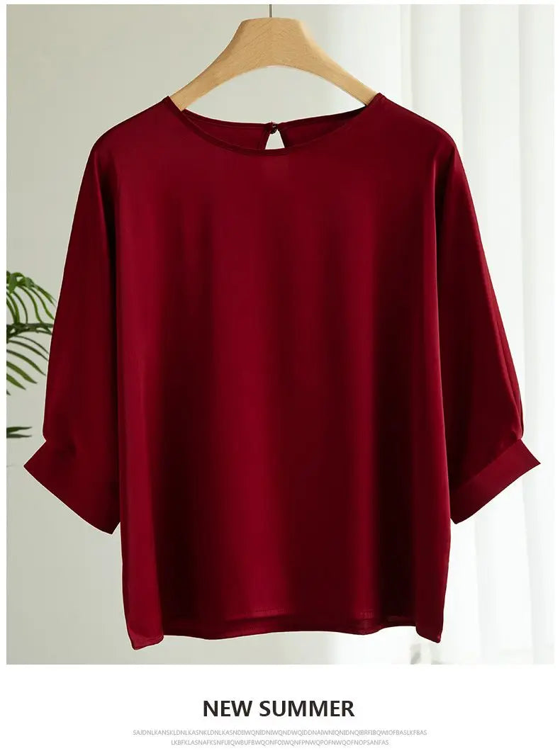 New In Summer Satin Silk Half-Sleeve Tee Tops Basic Solid Women‘s T-Shirt Casual O-neck Thin Shirts Ladies Loose Blouses