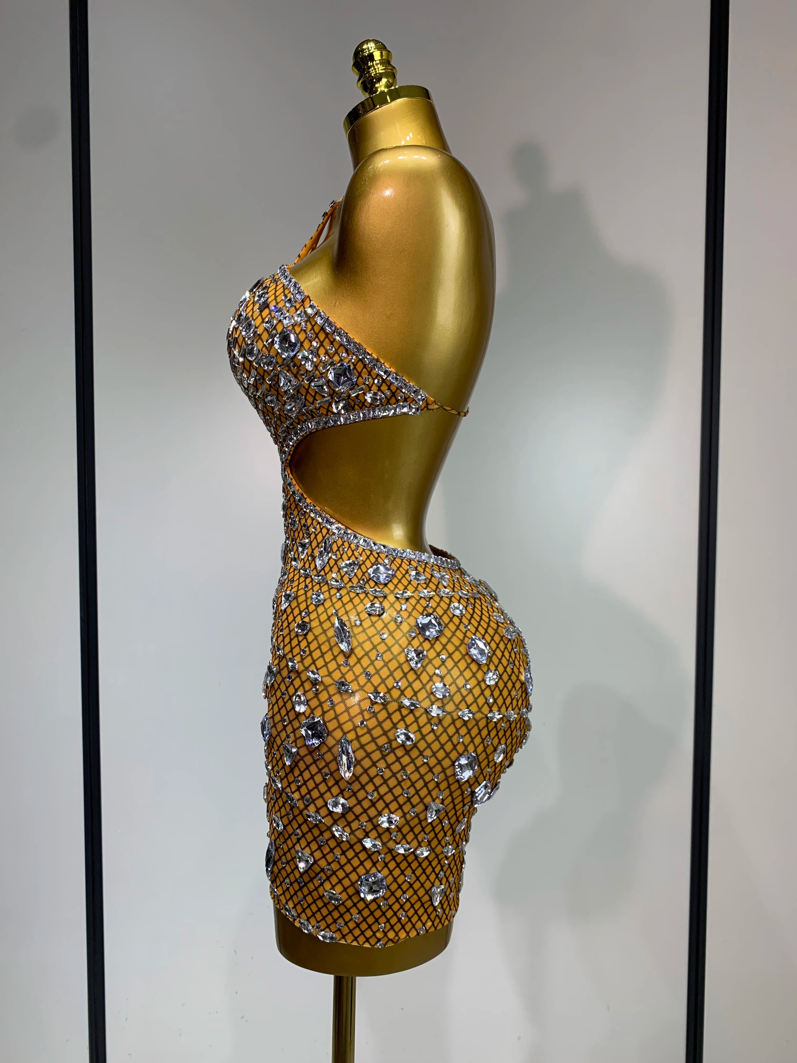 Sexy Sparkly Diamond Backless Short Dress 2026 Women Sleeveless Mesh See Through Evening Birthday Gown Singer Stage Outfit