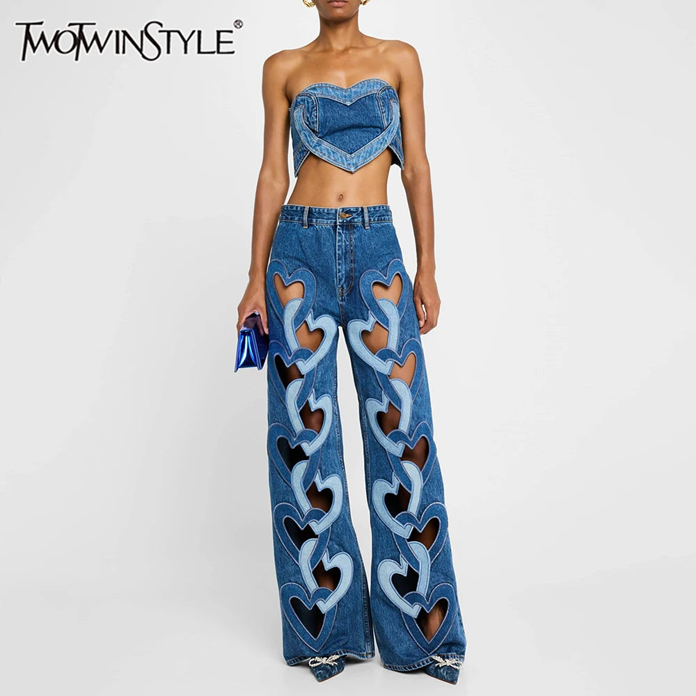 TWOTWINSTYLE Soild Two Piece Sets for Women Straplelss Sleeveless Vest High Wiast Patchwork Hollow Out Jeans Elegant Set Female Main image