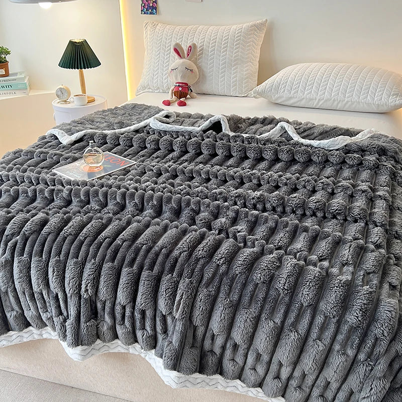 Imitation Rabbit Fur Blankets,Warmth Soft Fleece Velvet Bedspread,Beige Bed Cover Mulitfunctional Travel Drop Shipping 150*200cm