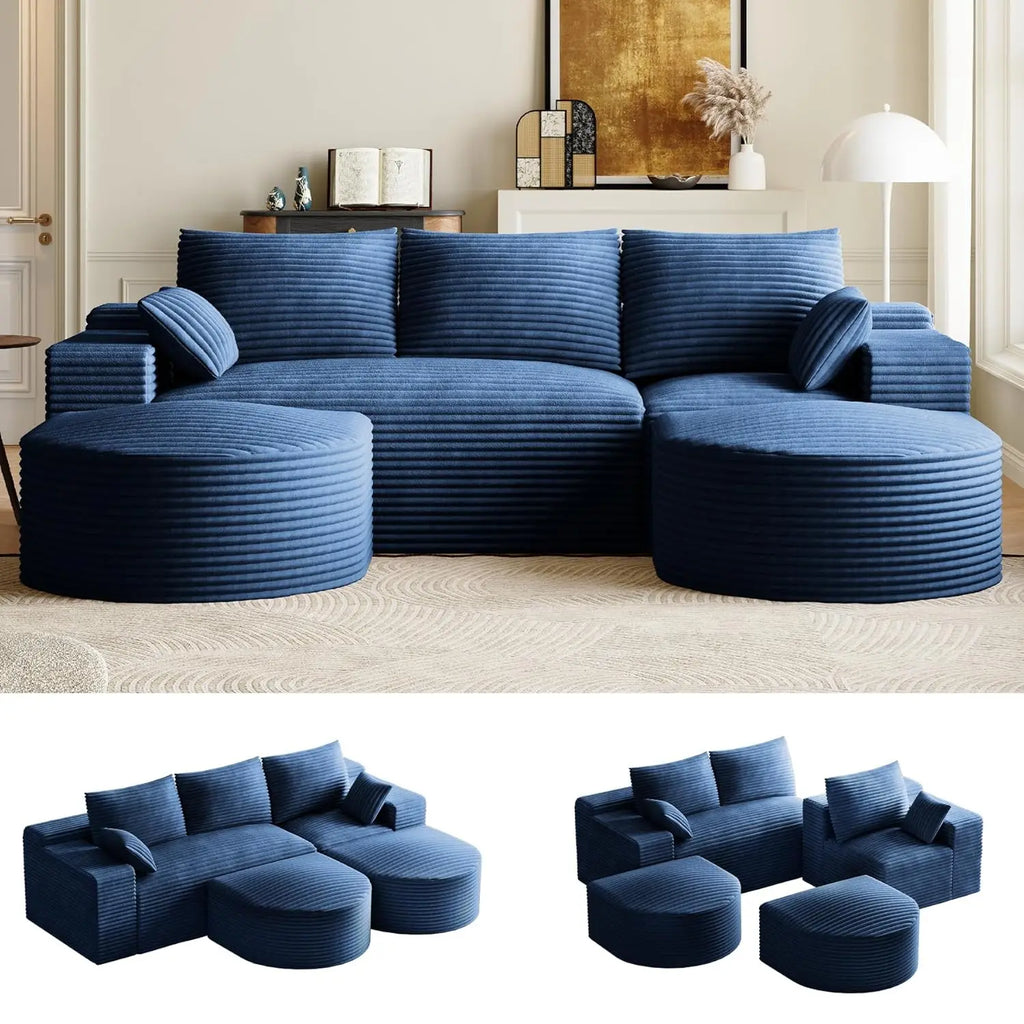 108in U-Shape Modular Sectional Sofa Deep Seat Corduroy Oversize Ottoman Cloud Couch Small Apartment Green Custom