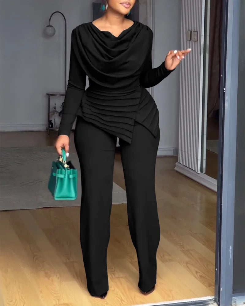 Swing Collar Ruched Jumpsuit Long Sleeve Solid Elegant Office Ladies Asymmetric Hem Autumn Casual Vintage Ruched Slim Rompers