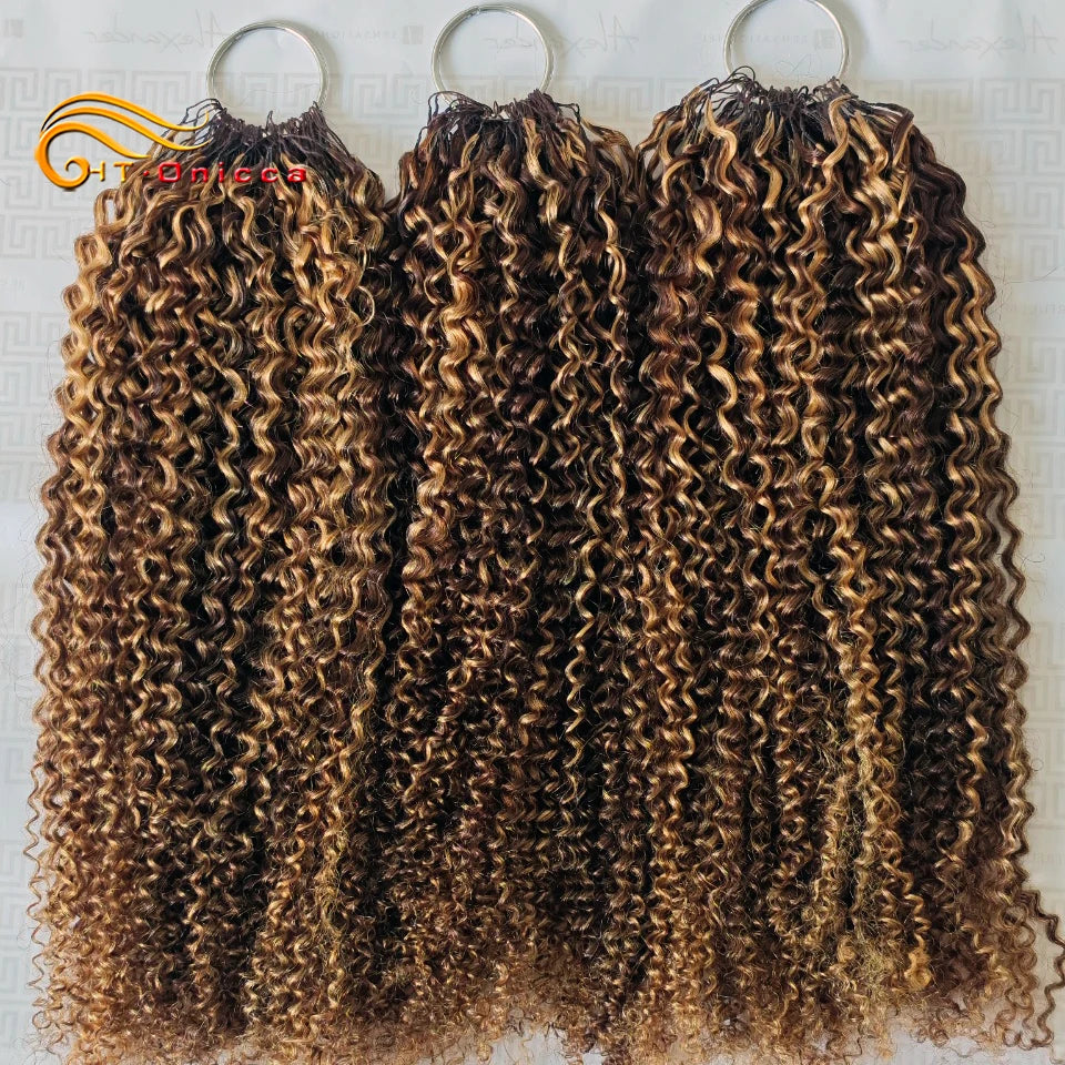 Honey Blonde Feather Crochet Human Hair Extensions Curly Invisible Miracle Knots Pre-Separated Crochet Hair for Women