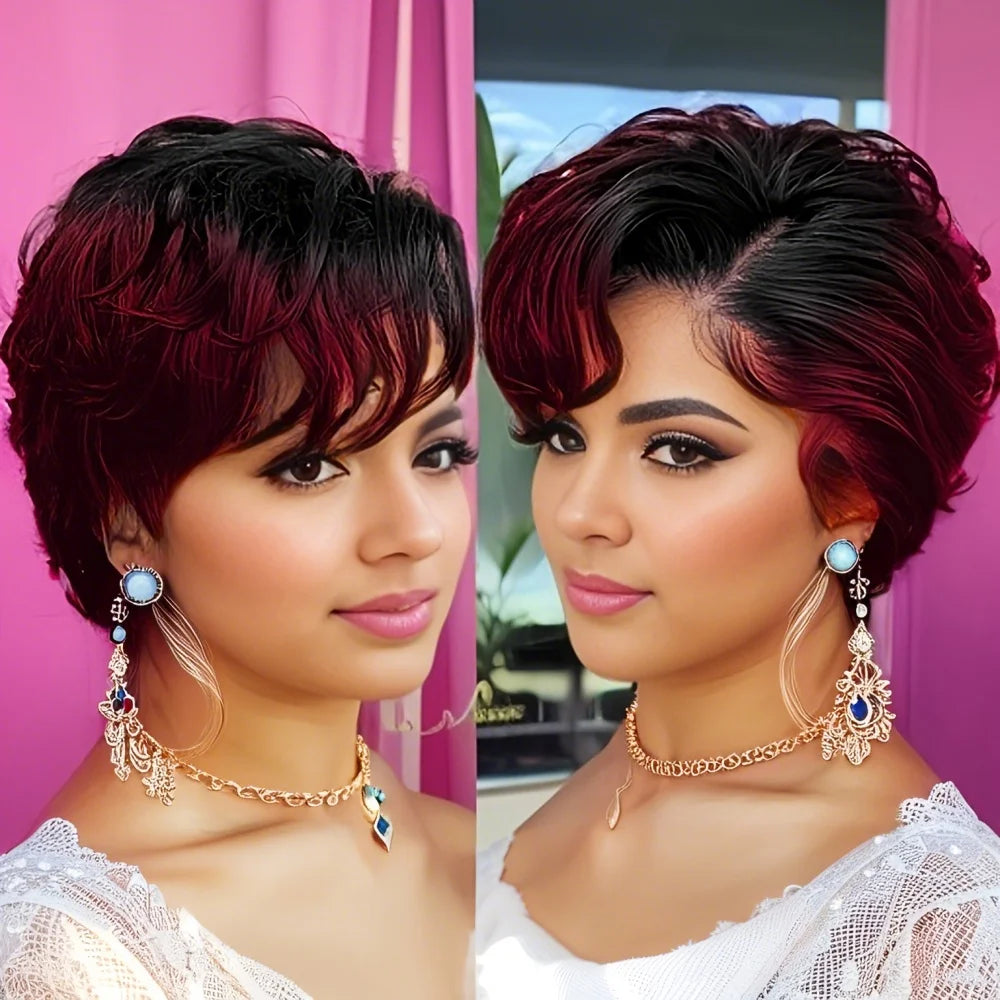 13x4 Lace Front Wig Human Hair Transparent Frontal Wig Pixie Cut Wigs Natural Wave Short Layered with Bangs Wig for Women Main image