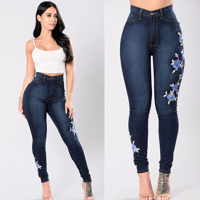 New Women's High Waist Embroidered Jeans Fashion Slim Stretch Denim Pencil Pants Street Trendy Trousers S-3XL Drop Shipping Main image