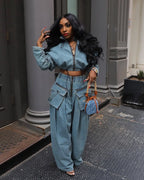 Denim Two Piece Sets Women Coat Jacket Wide Leg Pants Jeans Suits Matching Sets Trousers Outfits 2025/2026 Y2k Streetwear Party
