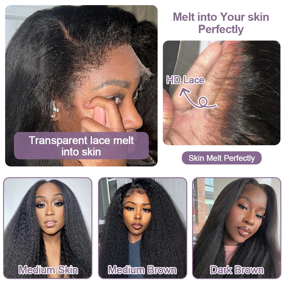 Kinky Straight Bob Wig Glueless 100% Human Raw Hair Tissage Wig HD Transparent Lace Closure Yaki Short Wig Perruques Vietnamese