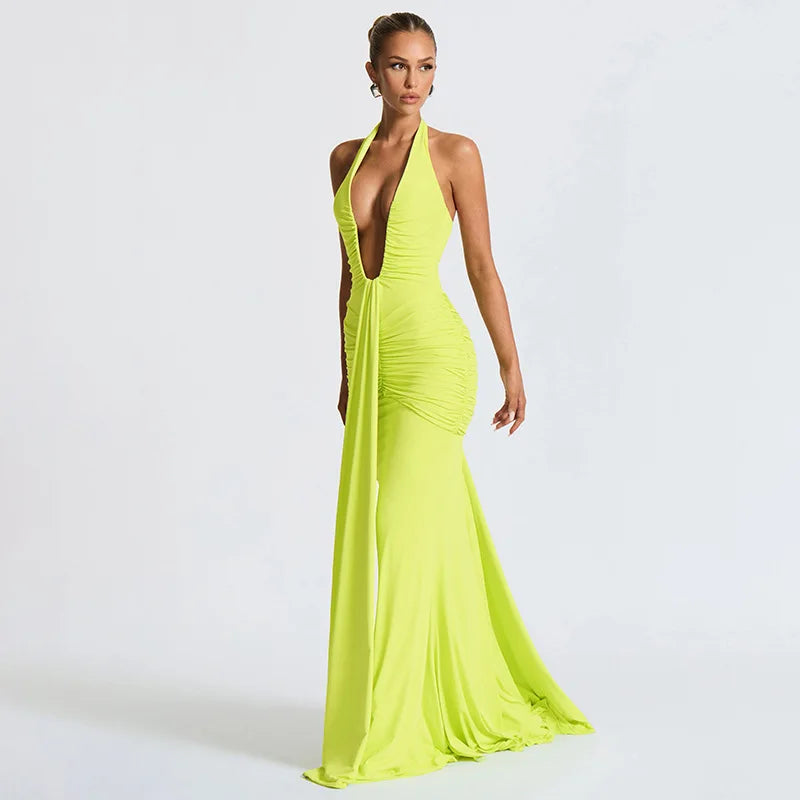 Sexy Deep V-neck Backless Halter Maxi Dresses Women's Sleeveless High Waist Bodycon Pleated Robe 2025 New Evening Party Gown