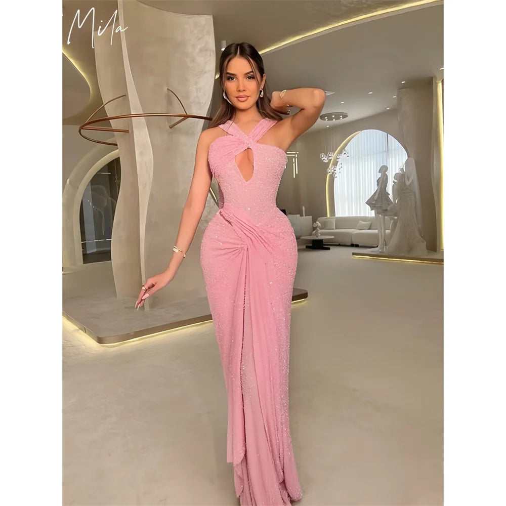 Mila Halter Neck Mermaid Prom Dresses Cut-out Sleeveless Evening Dresses Floor-Length Shiny Sequins Customized Party Dresses Main image