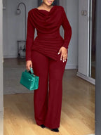 Swing Collar Ruched Jumpsuit Long Sleeve Solid Elegant Office Ladies Asymmetric Hem Autumn Casual Vintage Ruched Slim Rompers