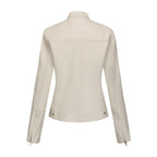 Black Women's Fitted Leather Jacket with Front Zipper & Side Pockets‌, Available in Brown, Navy Blue, and Beige.