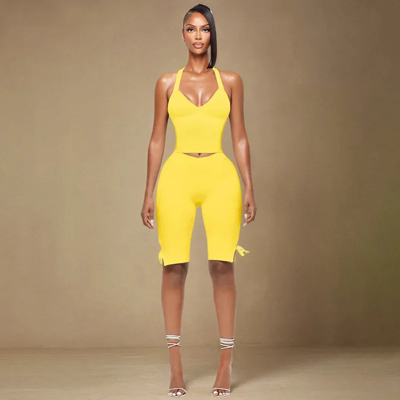 Women Solid Sexy 2 Piece Set Summer Tracksuits Lace Up Halter Backless Tank Crop Tops + Skinny Knee Length Pants Fitness Suits Secondary image