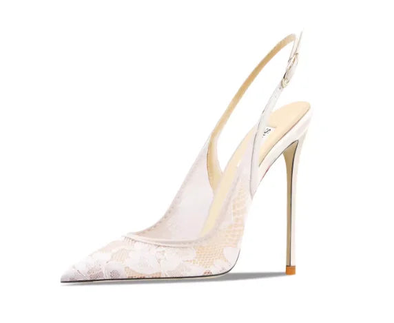 Black lace high-heeled sandals with pointed toes, thin heels, and shallow mouth, comfortable to wear with just one foot