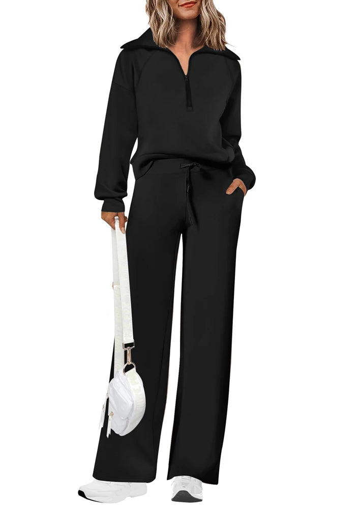 Womens 2 Piece Outfits Sweatsuit Set Oversized Half Zip Sweatshirt Wide Leg Sweatpants Lounge Set Tracksuit