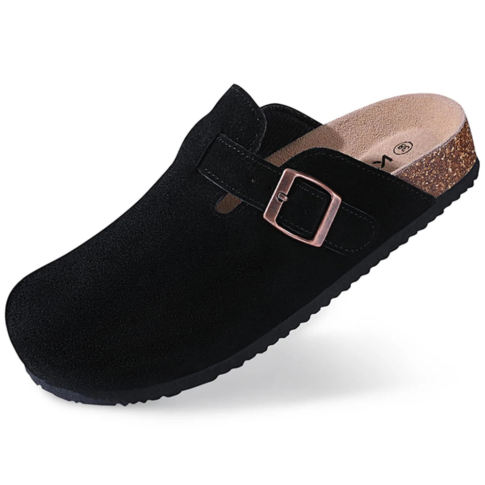 Kidmi Men's Suede Clogs Cork Footbed Clogs for Women Soft Leather Adjustable Buckle Slip-on Potato Shoes Sandals Beach Slippers