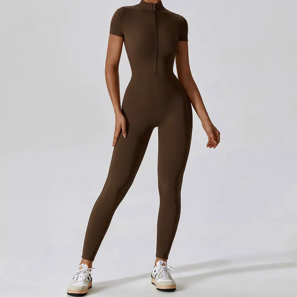 Yoga Set Women Sports Yoga Jumpsuits Tracksuit One-Piece Zipper Short Sleeve Gym Clothes Workout Fitness Sportswear Yoga Suit Secondary image