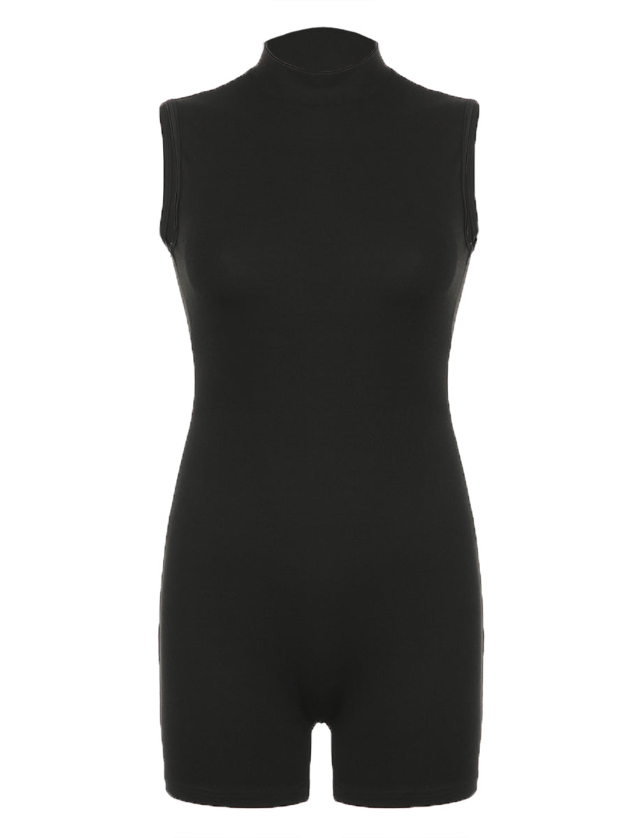 Women Summer Bodycon Jumpsuit Playsuits Mock Neck Sleeveless Skinny Short Romper Skinny Sport Bodysuit