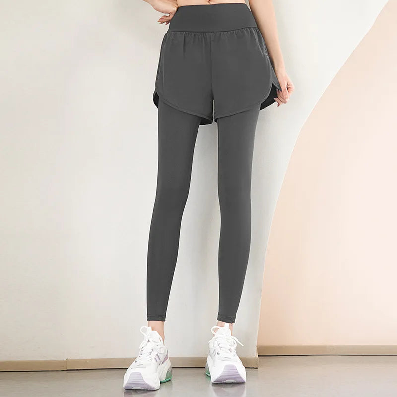 Women's Gym Leggings Elastic High Waist Fake Two Pieces Yoga Pants With Pockets Sportswear Running Tights Gym Yoga Wear