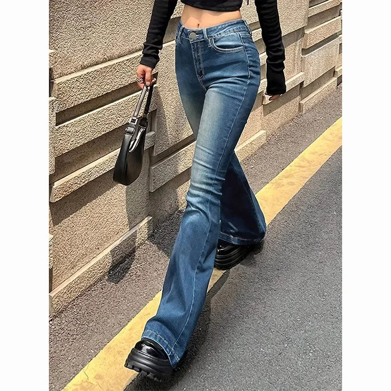 2026 Girls Concise Ins High Waist Flared Jeans Female Stretchy Bootcut Denim Pants Women Solid Color Thin Bell Bottoms Trousers