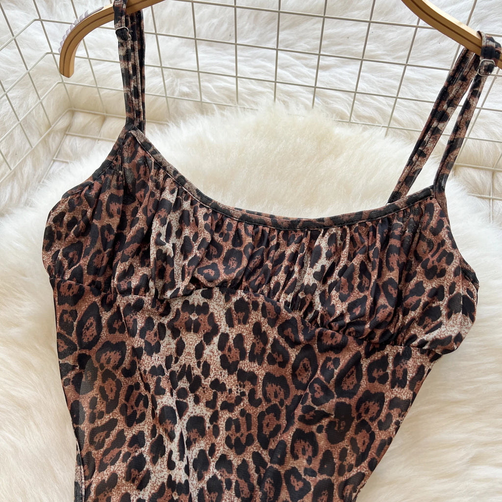 SINGREINY 2026 Newest Leopard 2pcs Suits Women Sexy Strap Tops+Elastic Waist Flared Pants American Ins Fashion Hotsweet Sets