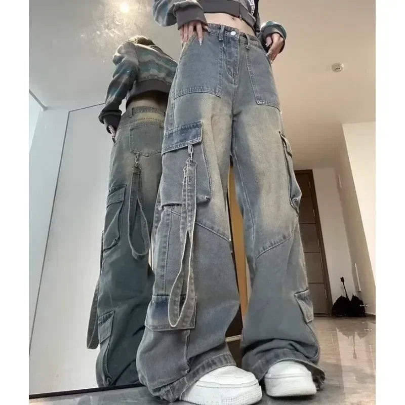 Female Jean Spliced Pockets Cargo Pants Washed Denim High Waist Full Length Jeans Loose Solid Basics Patchwork Distressed Main image