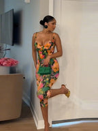 Floral Print Sexy Bodysuit Pant Set Hot Girl Sweetheart Backless Spaghetti Straps Top Elastic Waist Capri Pants Lady Outfit