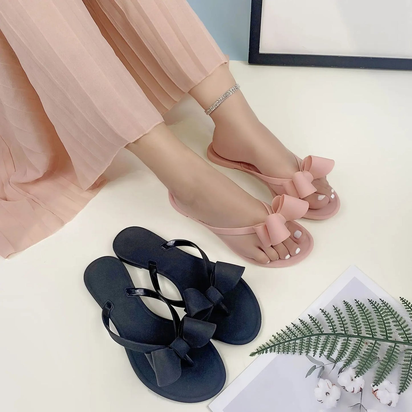 EOFK Summer Jelly Slippers Women Butterfly PVC Sweet Beach Pull On Flat Solid Ladies Versatile Fashion Anti slip Slippers