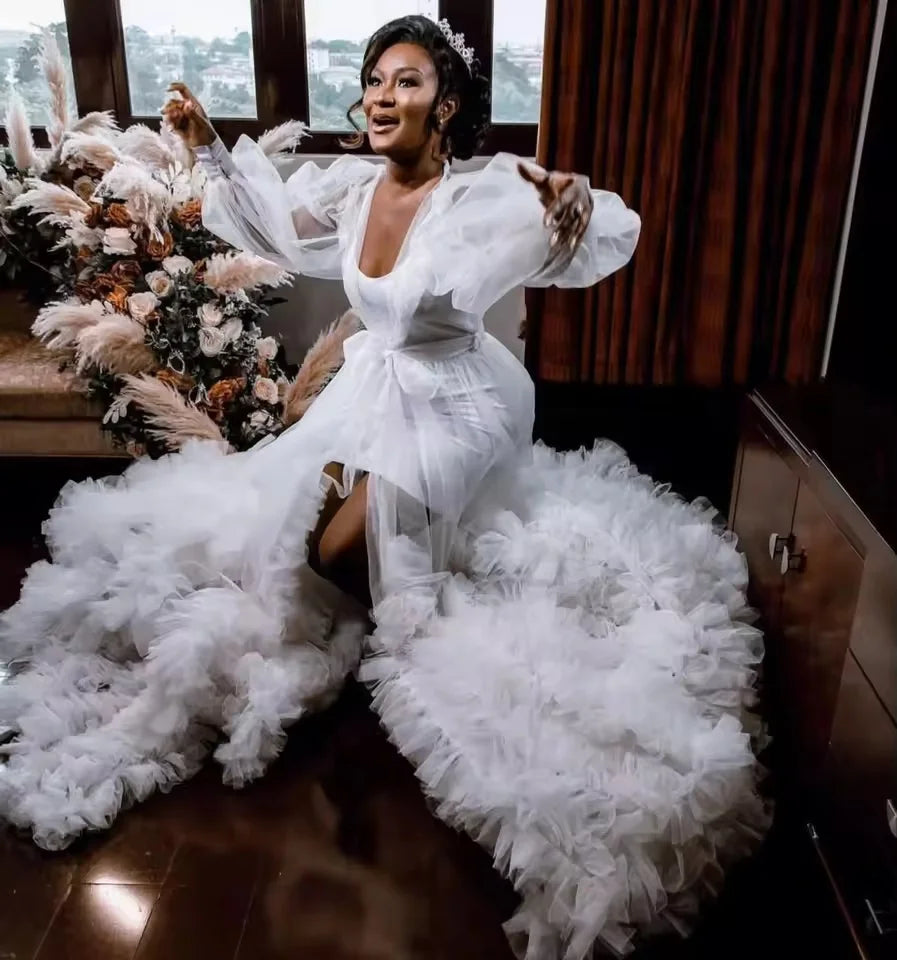 Puffy Wedding Robe Tulle Long Sleeves Ruffles Bathrobe Bride Women Gowns Bridal Boudoir Maternity Prom Dress Photoshoot Secondary image