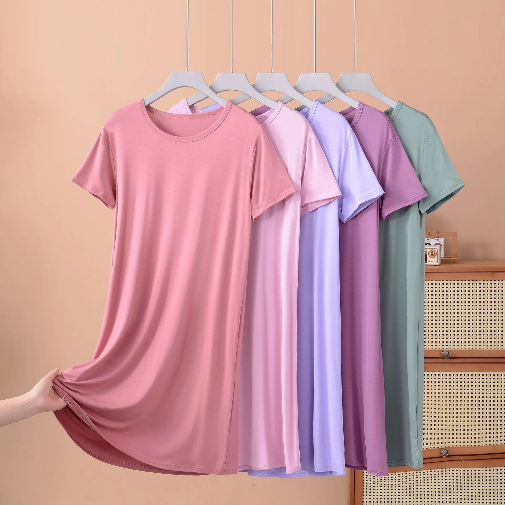 Plus size XL to 8XL Modal dress short sleeves summer women's cool dresses Solid color Bottomed sleepdress mid-length homewear Secondary image