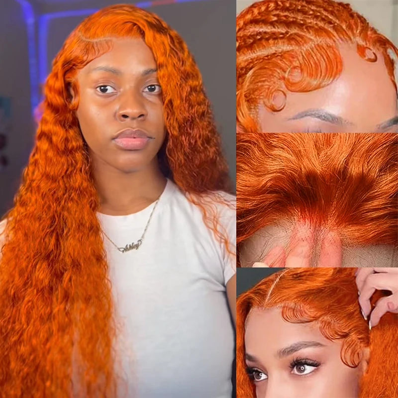 Water Wave Ginger Lace Front Wigs Human Hair 13x4 13x6 #350 Colored Wigs 100% Brazilian Human Hair Deep Curly Wigs Orange Ginger Main image