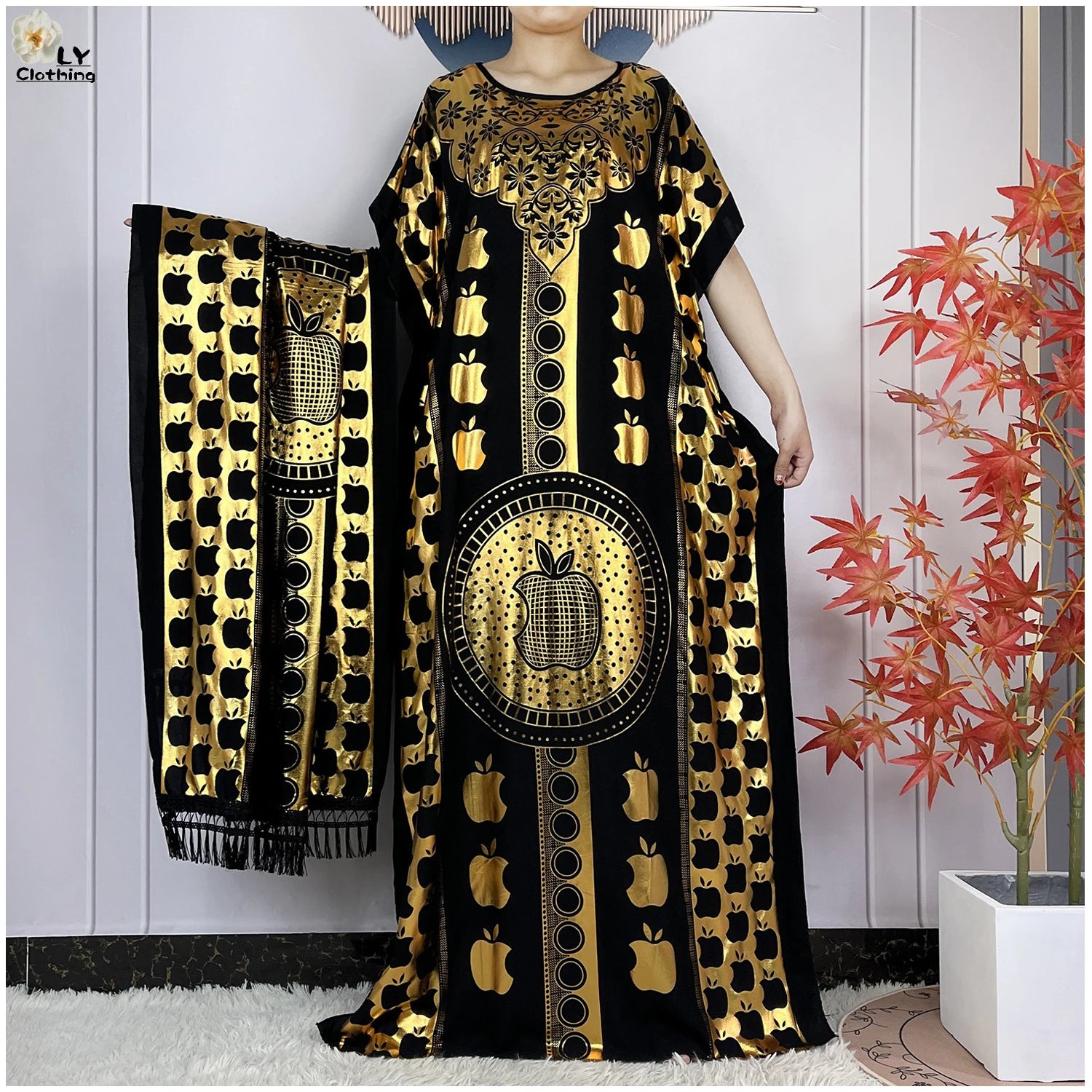 New Summer Short Sleeve Robe Cotton Loose Lady Dress With Big Scarf Gold Stamping Boubou Maxi Islam Women African Abaya Clothing Main image