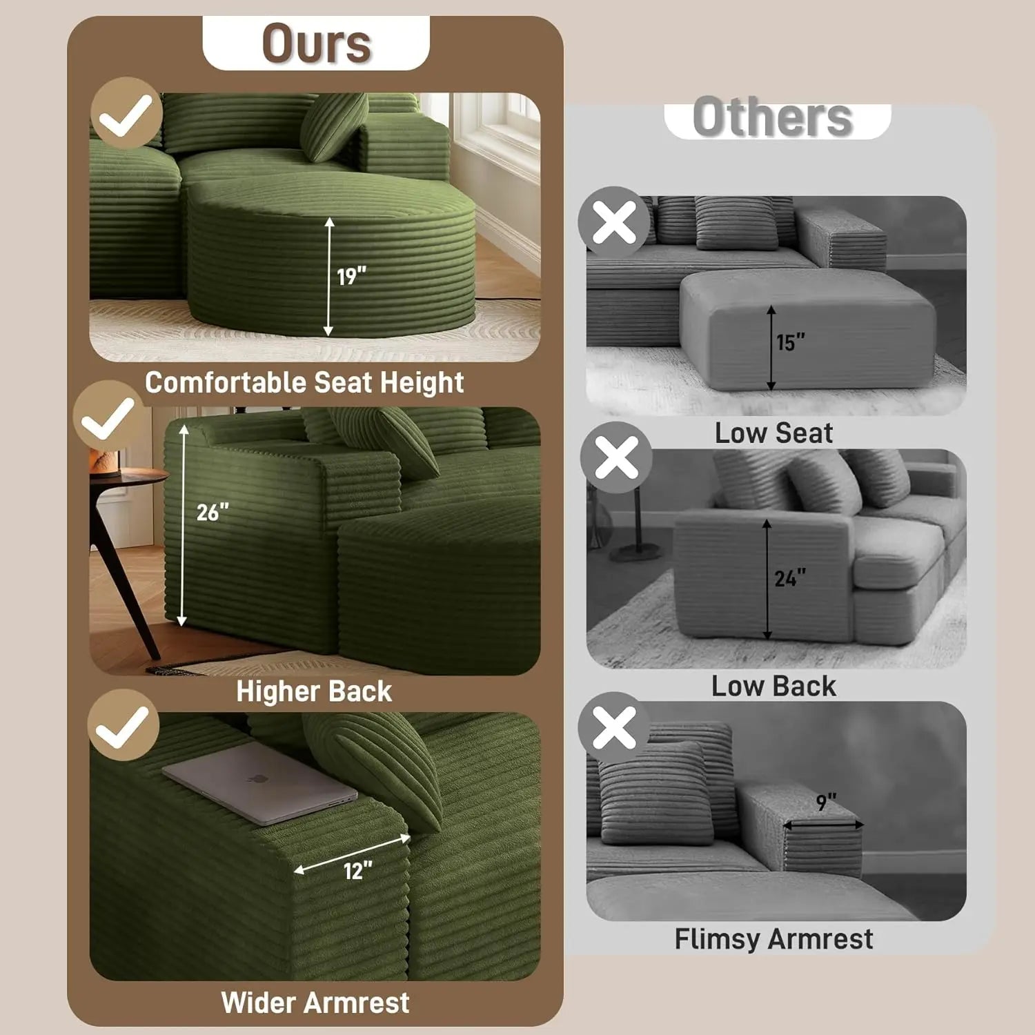 108in U-Shape Modular Sectional Sofa Deep Seat Corduroy Oversize Ottoman Cloud Couch Small Apartment Green Custom