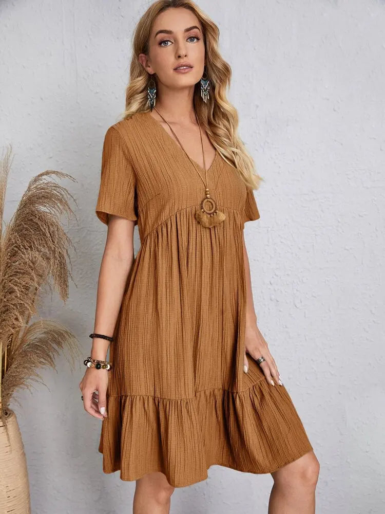 Elegant Solid V Neck A Line Dress 2024 New Summer Ruffles Loose Mini Dress Casual Short Sleeve Beach Party Vestidos Streetwear