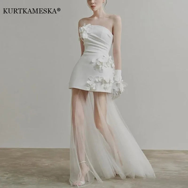Wedding Dresses Sweet Flower Strapless For Women 2026 Satin White Evening Dress Elegant Floor-length Simple Wedding Shooting