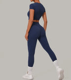 Gym Workout Yoga Fitness Sports Suit Short-sleeved Top Padded-free High-waisted Hip-lifting Trousers Outdoors Leisure Sportswear