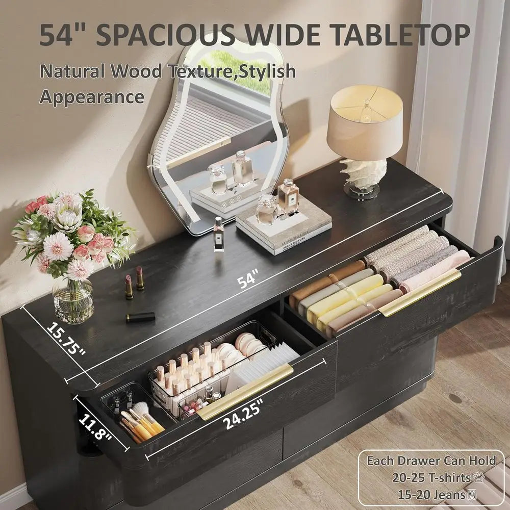 Wide 54 Black Wooden Dresser with Metal Handles, Curved Design for Bedroom, Living Room, or Hallway Storage