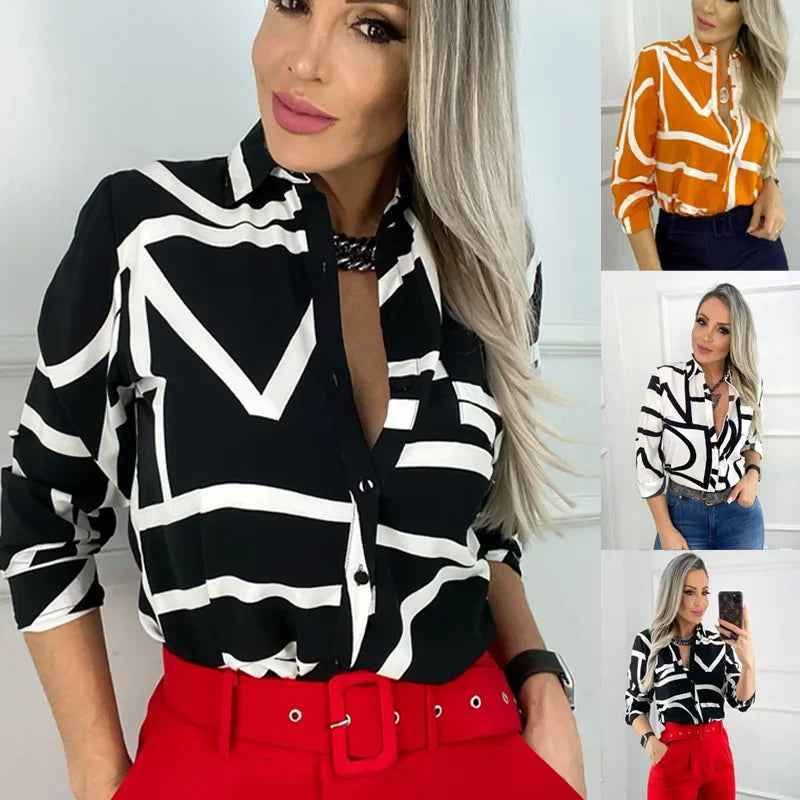 Women Geometric Print Shirt, Spring and Autumn Fashion Long-sleeved Shirts, Camisa Girls Chemise Size S M L XL XXL