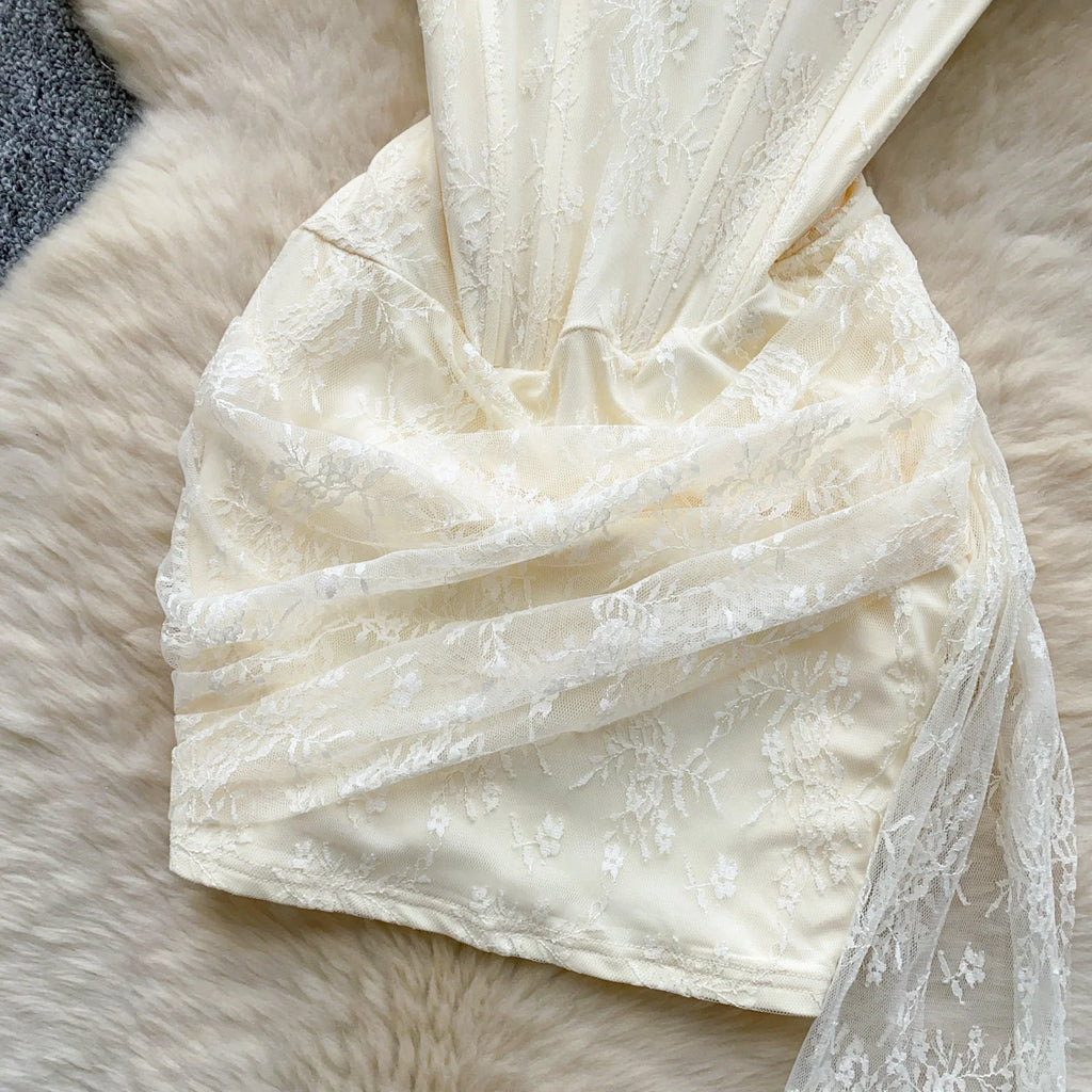 SINGREINY French Strapless Sexy Short Dress 2025 Heart Hollow Out Beading Sundress Backless Corset Lace Beach Mini Dress