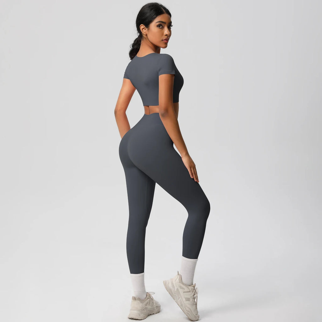 2PCS Woman Gym Sports Yoga Set Knitted Slim Workout Top Short Sleeve Quick Drying Legging Fitness Pants Running Sports Yoga Suit
