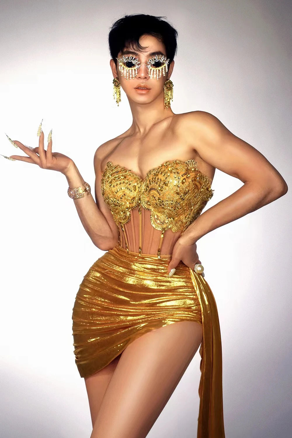 Sparkly Red Sequins Evening Dress Women Adult SexyTwo-piece Off-shoulder Party DressesNightclub Bar Stage Performance Y004