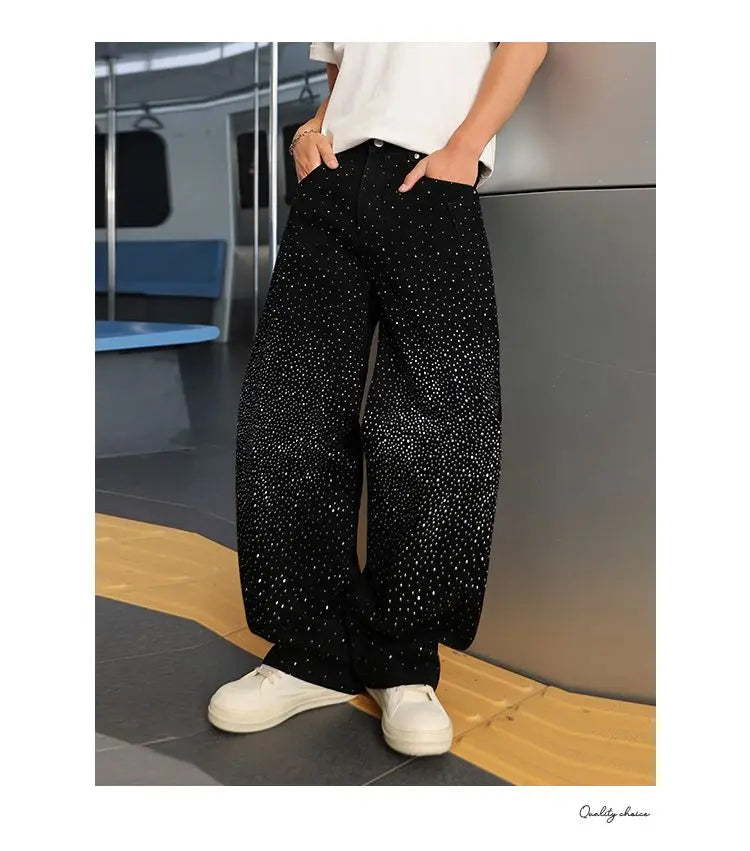 Spring/Summer Rhinestone Straight Leg Jeans Retro Loose Fit Slimming Pants Casual Korean Style Long Pants