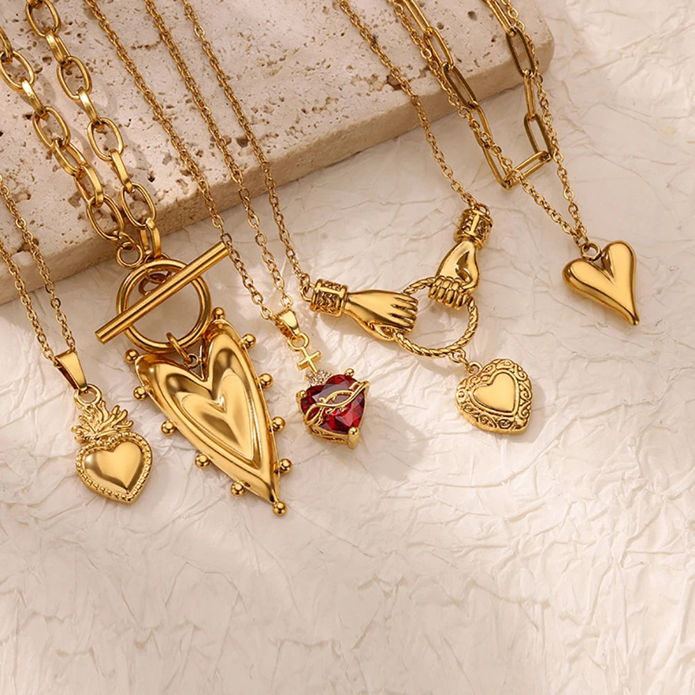 Punk Gold Color Heart Pendant Necklace for Women Stainless Steel OT Buckle Beaded Neck Chain Choker Y2K Jewelry Accessories Main image