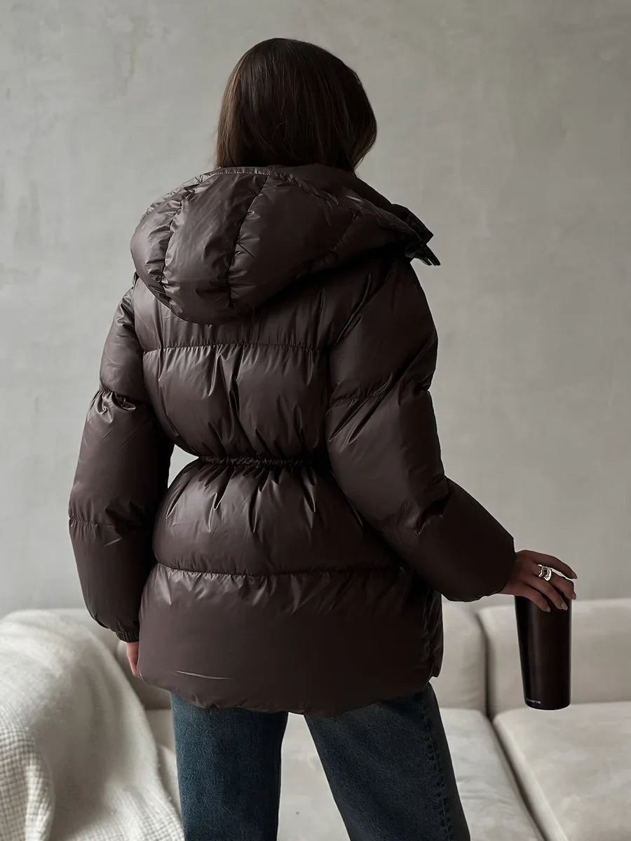 Bornladies Drawstring Slim Fit Cotton Jacket Women's  Winter New Hooded Zipper Cotton Robe Comfortable Warm Bread Jacket