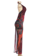 Weird Puss Diamond Print Dress Women Backless Split Colorful Halter Sexy Deep V-Neck Elegant Birthday Party Stretch Vestidos