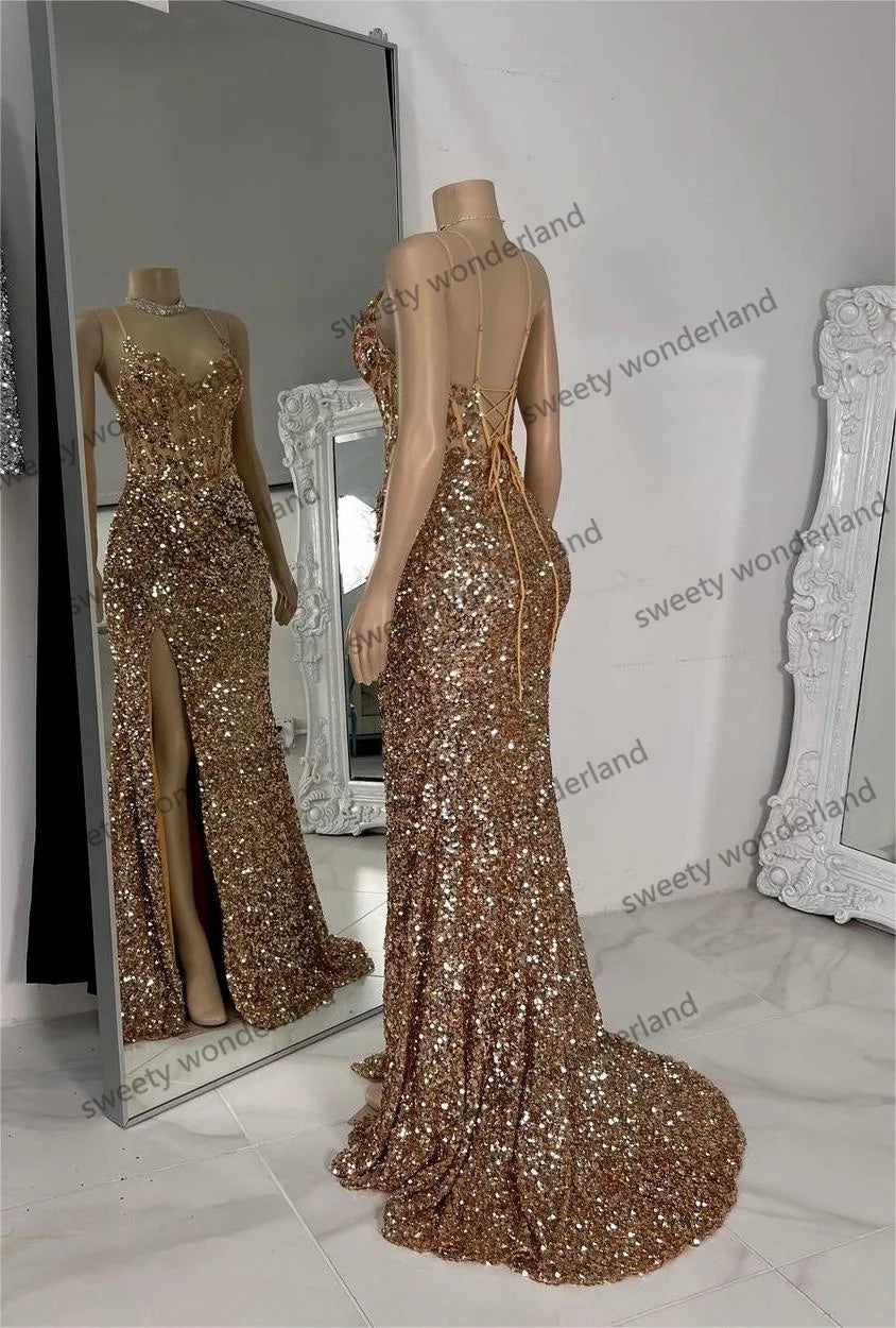 Gold Sequined Evening Dresses with Slit Mermaid vestidos de noche Spaghetti Straps Prom Dress Customized Wedding Party Gown