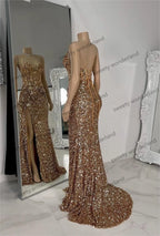 Gold Sequined Evening Dresses with Slit Mermaid vestidos de noche Spaghetti Straps Prom Dress Customized Wedding Party Gown