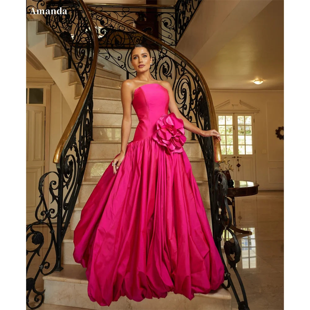 Amanda Customized Pink Strapless 3D Flower Prom Dresses Pleated Sleeveless vestidos de noche Mermaid Floor-Length Formal Evening Main image
