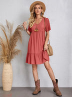 Elegant Solid V Neck A Line Dress 2024 New Summer Ruffles Loose Mini Dress Casual Short Sleeve Beach Party Vestidos Streetwear