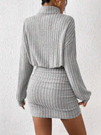 Women's Autumn Winter Fashion High Neck Knitted Sweater Dress Female Casual Solid Loose Long Sleeve Warm Mid Length Dresses